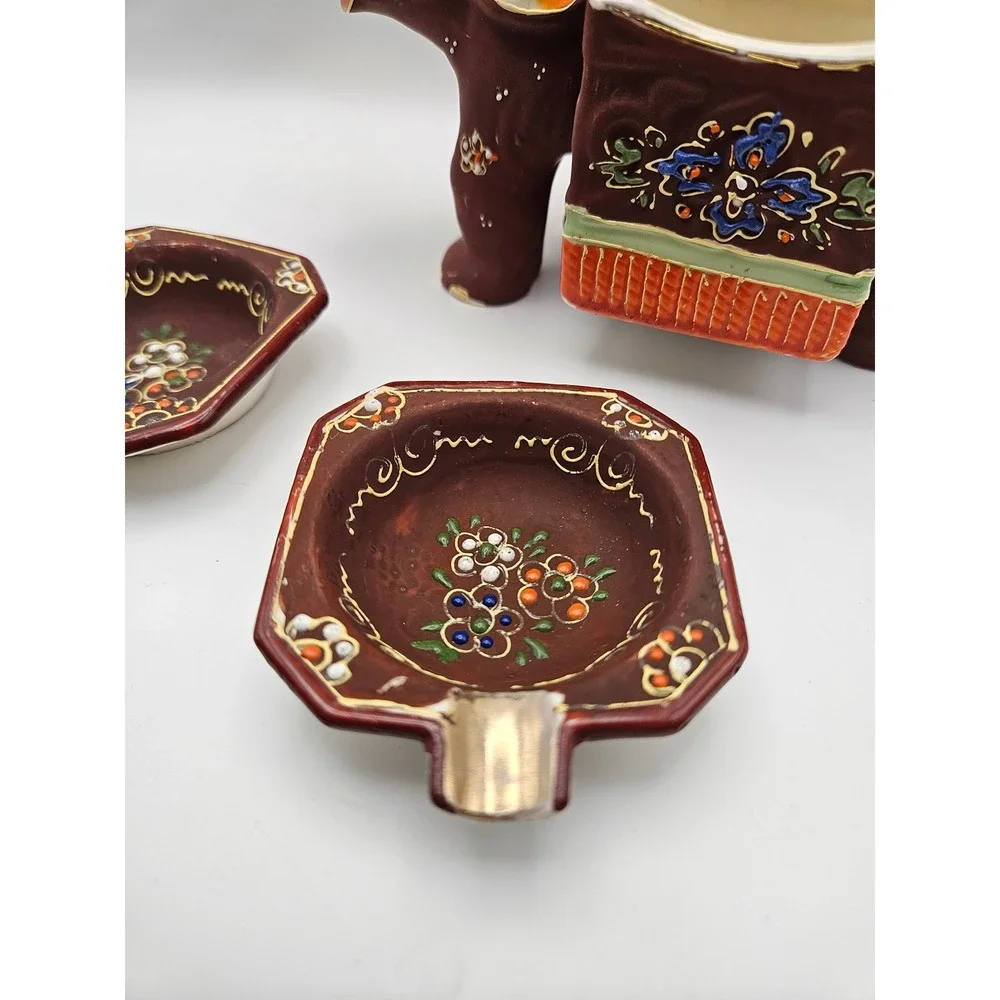 Vintage 1920s Japanese Satsuma Moriage Elephant Ashtray and Cigarette Holder Set
